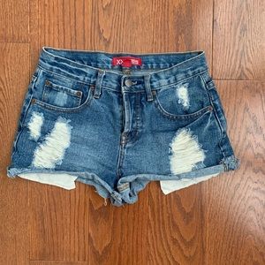 High Rise Distressed Denim Shorts